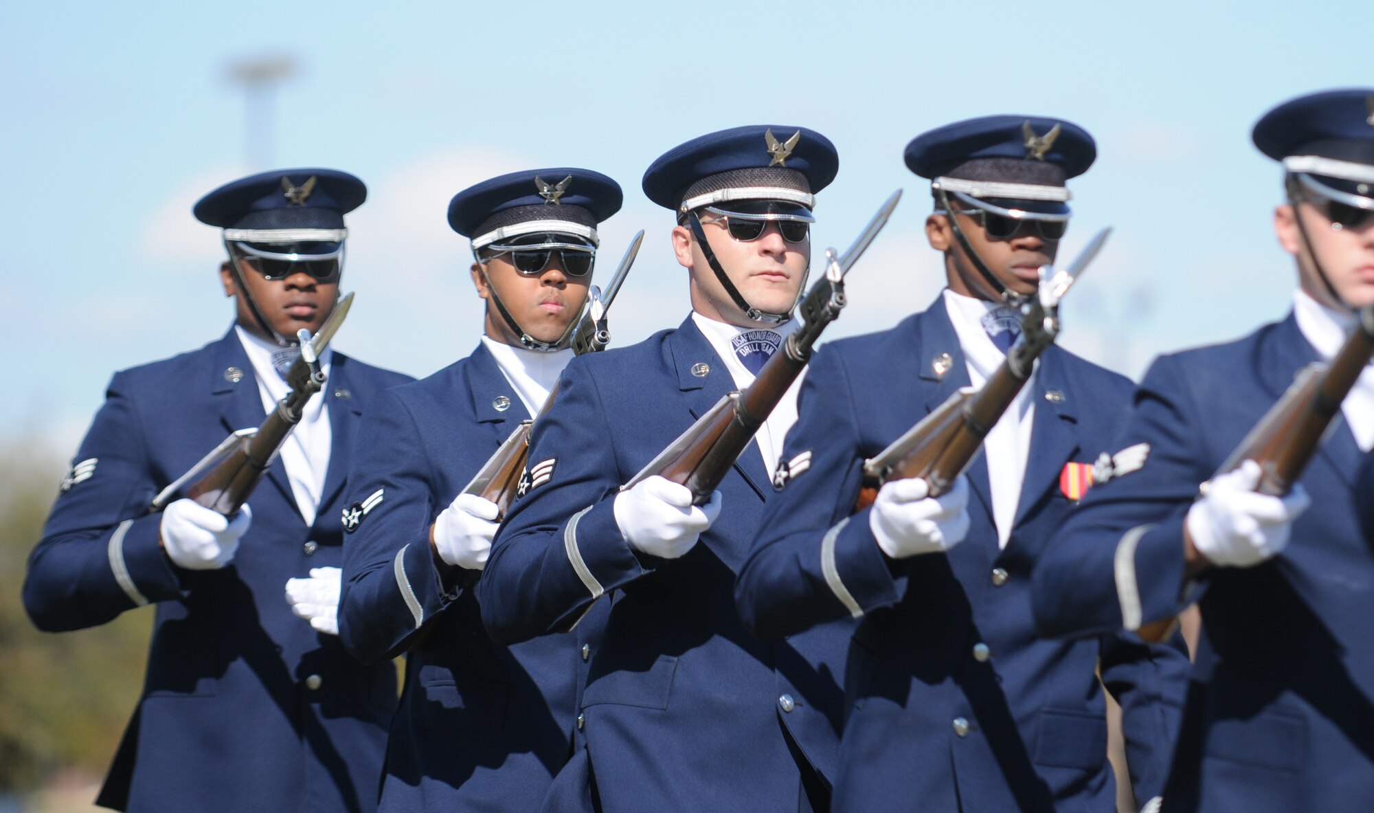 The United States Air Force Honor Guard Drill Team performs for Airmen at Randolph Air Force Base, Texas. on Oct. 30.  The Drill Team tours worldwide representing all Airmen while showcasing Air Force precision and professionalism and personifying the integrity, discipline, and teamwork of every Airman and every Air Force mission. During the Air Force Honor Guard's 60-year history, their traveling component, the Drill Team, has performed in every state of the union and many countries abroad. (U.S. Air Force photo by Senior Airman Sean Adams) 