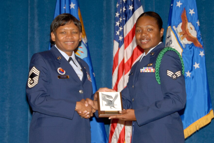 McGHEE TYSON AIR NATIONAL GUARD BASE, Tenn. -- Senior Airman Monica K. Codner, right, an Air Force reservist with the 482nd Services Squadron at Homestead AFB, Fla., receives the Paul H. Lankford Leadership Award for Airman Leadership School Class 09-6 at The Air National Guard Training and Education Center here from Chief Master Sgt. Deborah Davidson, left, Commandant, Enlisted Professional Military Education, Oct. 29, 2009.  The Leadership Award is presented to the student who made the most significant contribution to the overall success of the class by demonstrating superior leadership abilities and excellent skills as a team member.  It is named in honor of CMSgt Paul H. Lankford, a Bataan Death March survivor and the first commandant of the Air National Guard Enlisted Professional Military Education Center.  (U.S. Air Force photo by Master Sgt. Kurt Skoglund/Released)