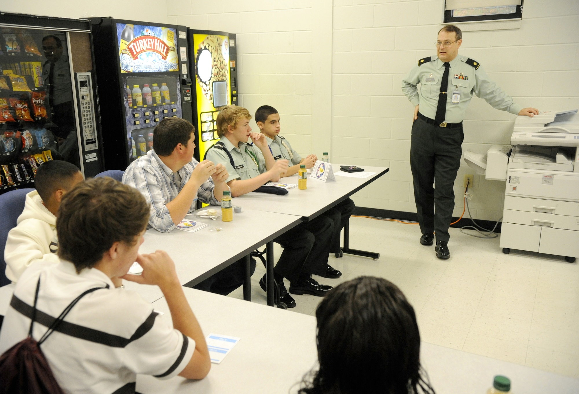 A group consisting entirely of teenagers discussed their own agenda during the MFAP conference here Oct. 29. Major John Cook, a JROTC instructor in the Pemberton school district, was on hand to facilitate their discussion. (U.S. Air Force Photo/Carlos Cintron)
