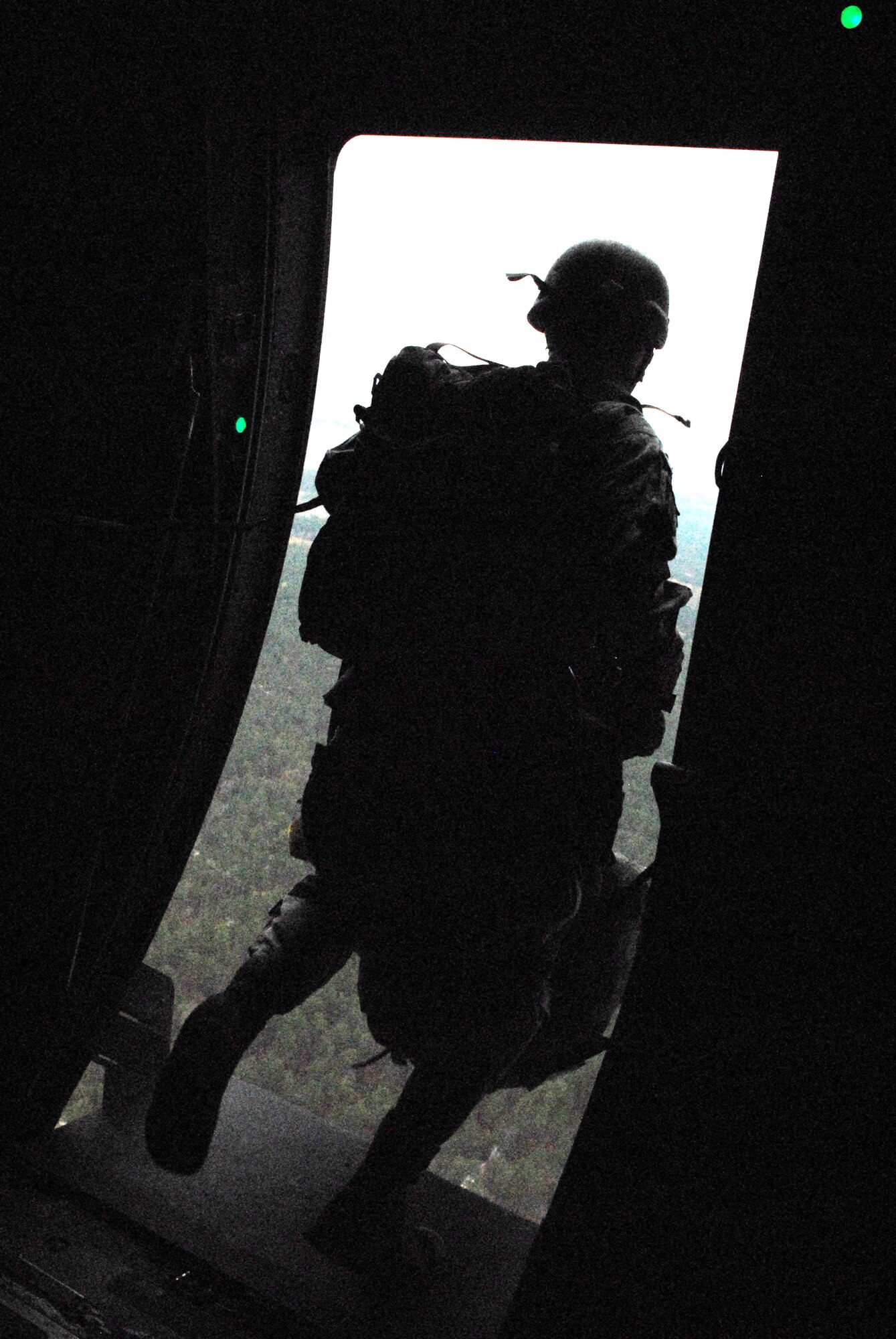A paratrooper from the 82nd Airborne Division's Advanced Airborne school at Fort Bragg, N.C., jumps out of a C-130 Hercules as part of Joint Forcible Entry Exercise 10-01 Oct. 28, 2009, at Pope Air Force Base, N.C. The JFEX focused on cohesive training between the Air Force and Army to re-establish forcible entry capability through airpower. (U.S. Air Force photo/Senior Airman Nathan Allen) 