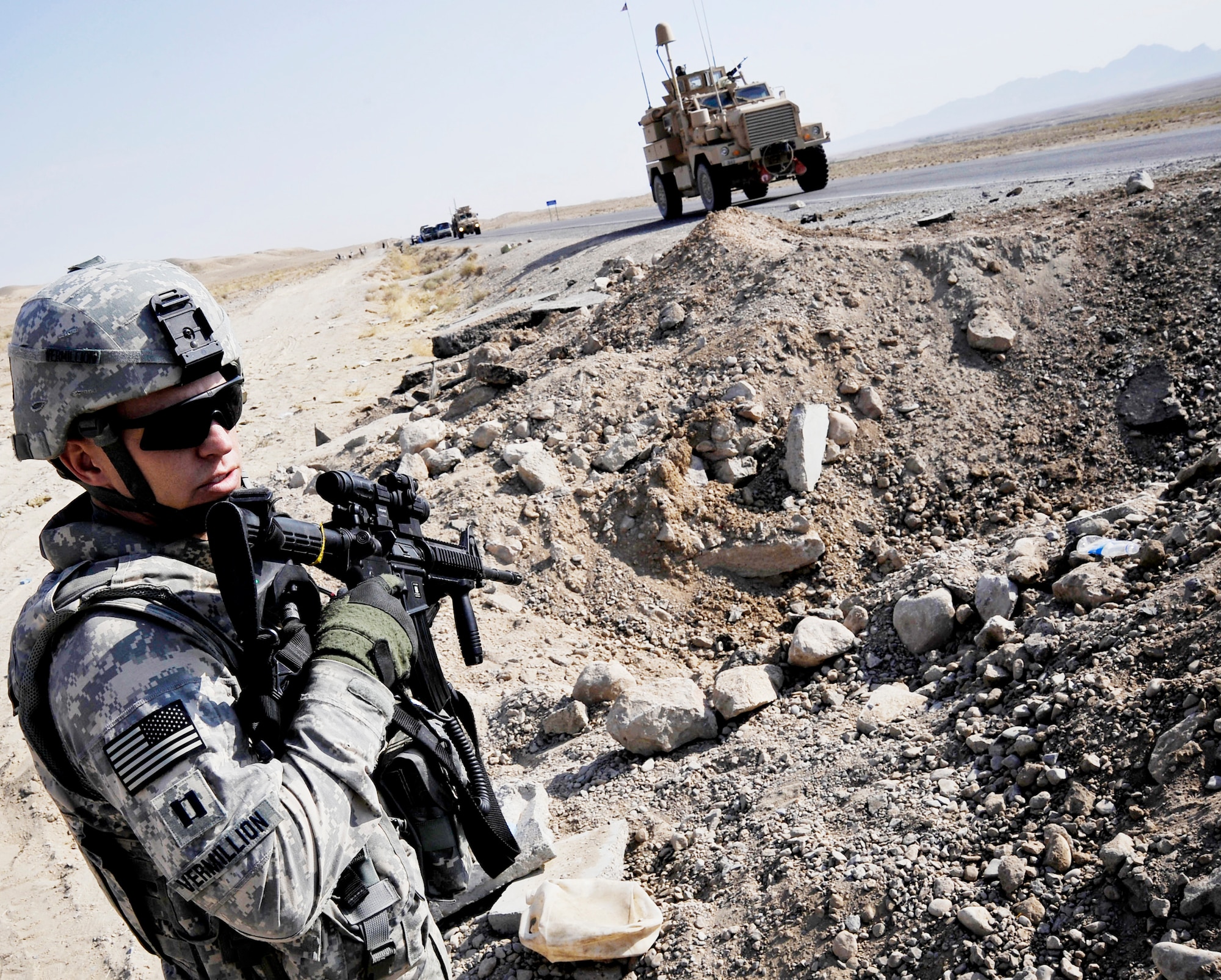 Capt. Rick Vermillion inspects a bridges for improvised explosives devices, damages or traces of tampering Oct. 23, 2009, in Zabul Province, Afghanistan. The inspections provide safety to the people of Zabul as well as coalition forces while traveling. Captain Vermillion is an engineer assigned to Provincial Reconstruction Team Zabul. (U.S. Air Force photo/Staff Sgt. Angelita Lawrence) 