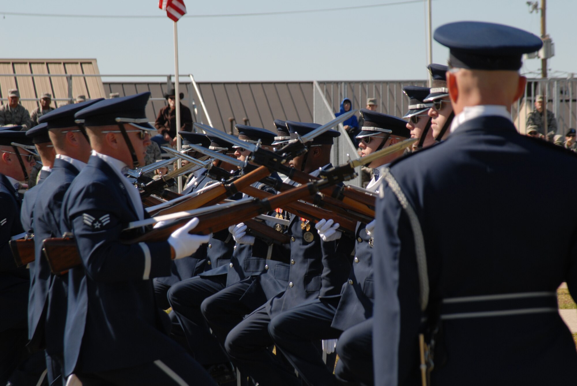 GOODFELLOW AIR FORCE BASE, Texas -- Capt. Michael Fanton walks the "gauntlet" during the U.S. Air Force Honor Guard Drill Team performance at the parade grounds, Oct. 30, 2009. The Drill Team is the traveling component of the U.S. Air Force Honor Guard and tours worldwide representing all Airmen while showcasing Air Force precision and professionalism. (U.S. Air Force photo/Staff Sgt. Laura R. McFarlane) 
