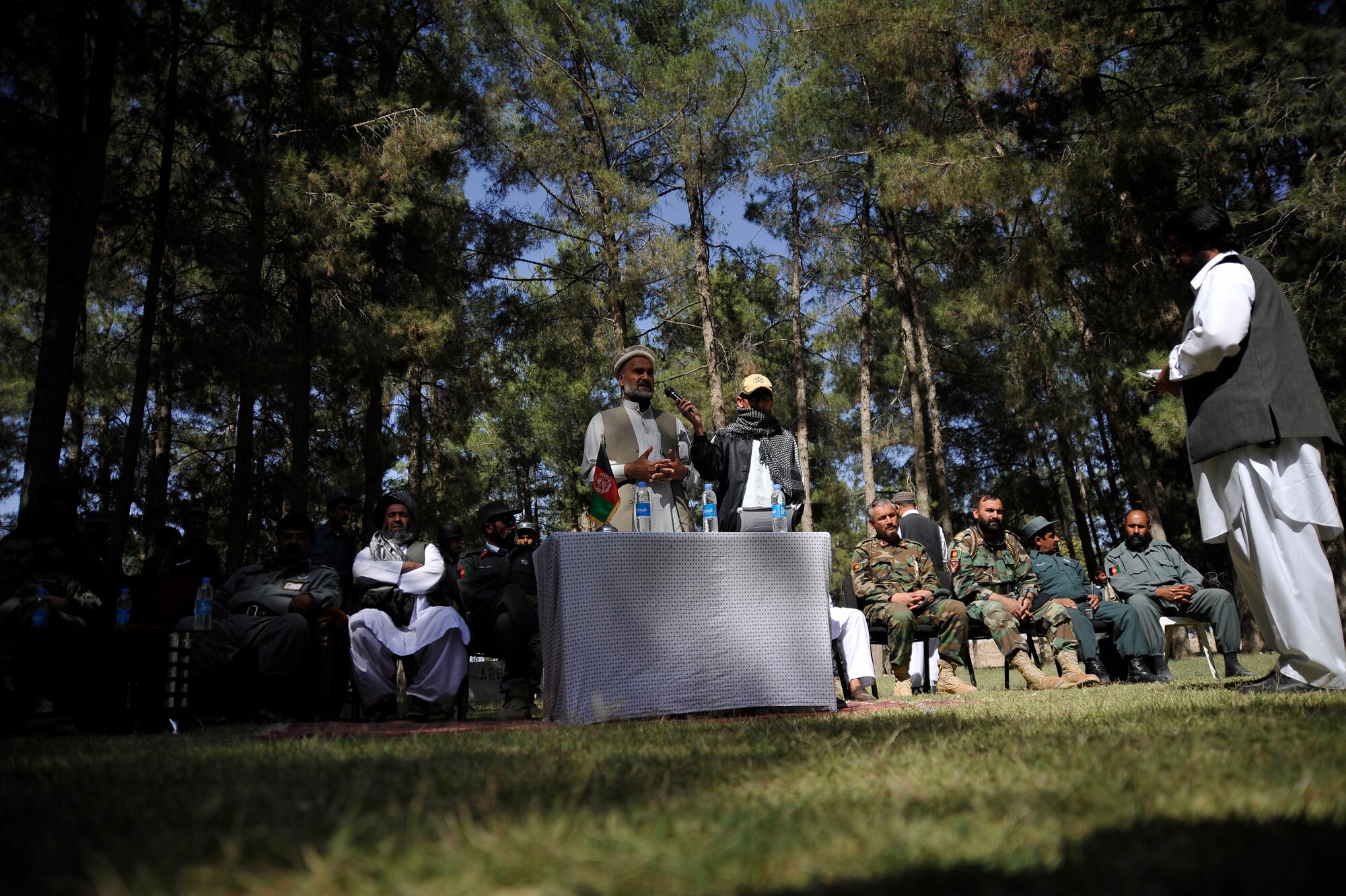 Zabul Provincial Governor Muhammad Ashraf Naser speaks with the residents of Zabul Province about voting rights here Oct. 23, 2009. U.S.military members from the Provincial Reconstruction Team (PRT), Zabul, provided security for the governor during his speech. (U.S. Air Force photo/Staff Sgt. Angelita Lawrence)