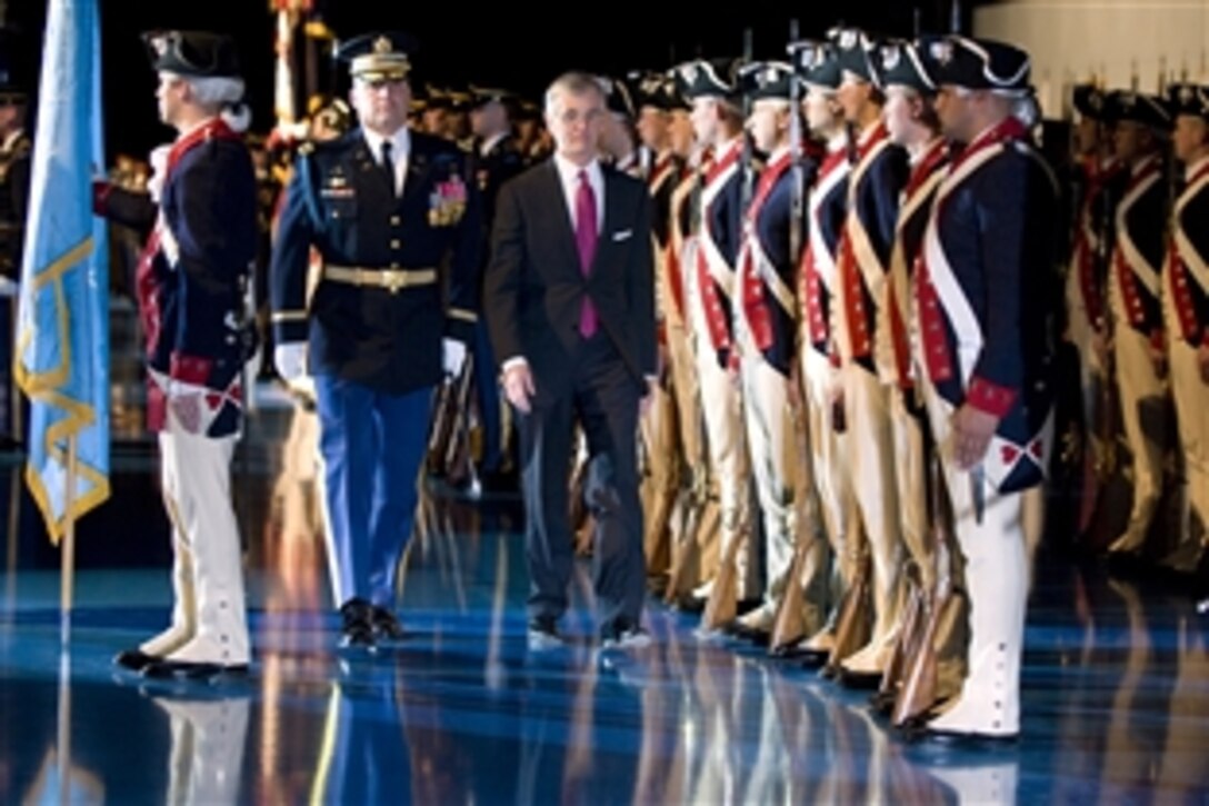 Army Secretary John McHugh reviews the troops during a welcoming ceremony for him hosted by Army Chief of Staff Gen. George W. Casey Jr. and presided over by Defense Secretary Robert M. Gates on Fort. Myer, Arlington, Va., Nov. 2, 2009. McHugh was sworn in as the 21st Army Secretary on Sept. 21, 2009.