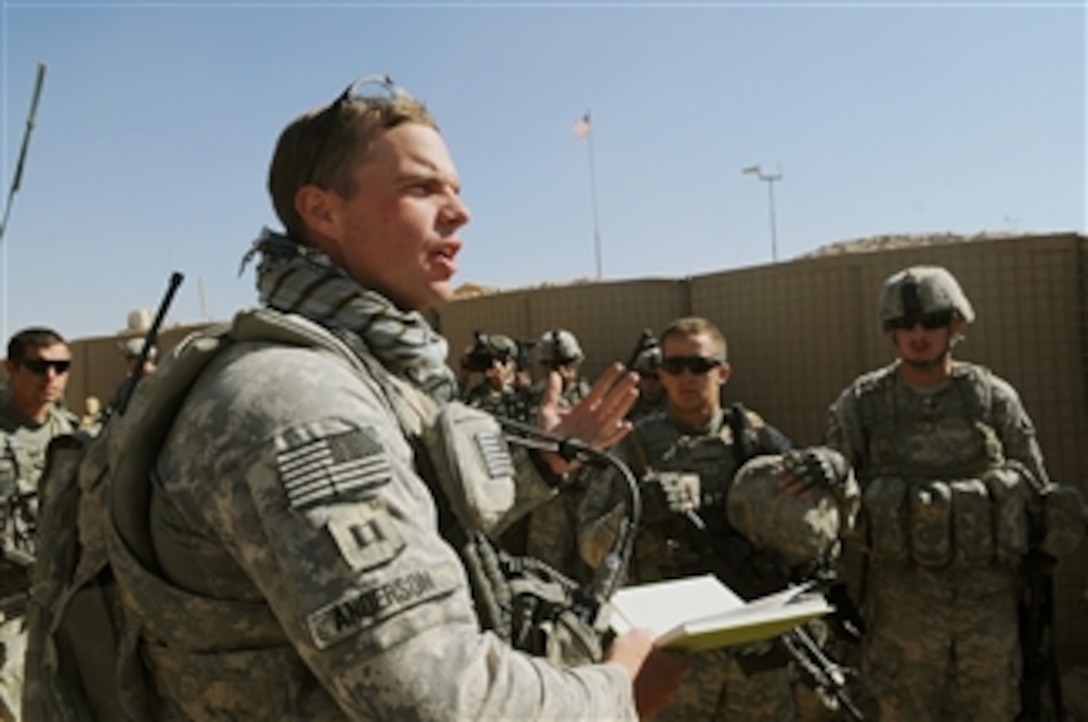 U.S. Army Capt. Brandon Anderson, commander of Headquarters Company, 4th Battalion, 23rd Infantry Regiment, conducts a mission brief at Forward Operating Base Wolverine in Zabul province, Afghanistan on Oct. 31, 2009.  The soldiers are conducting counterinsurgency operations.  