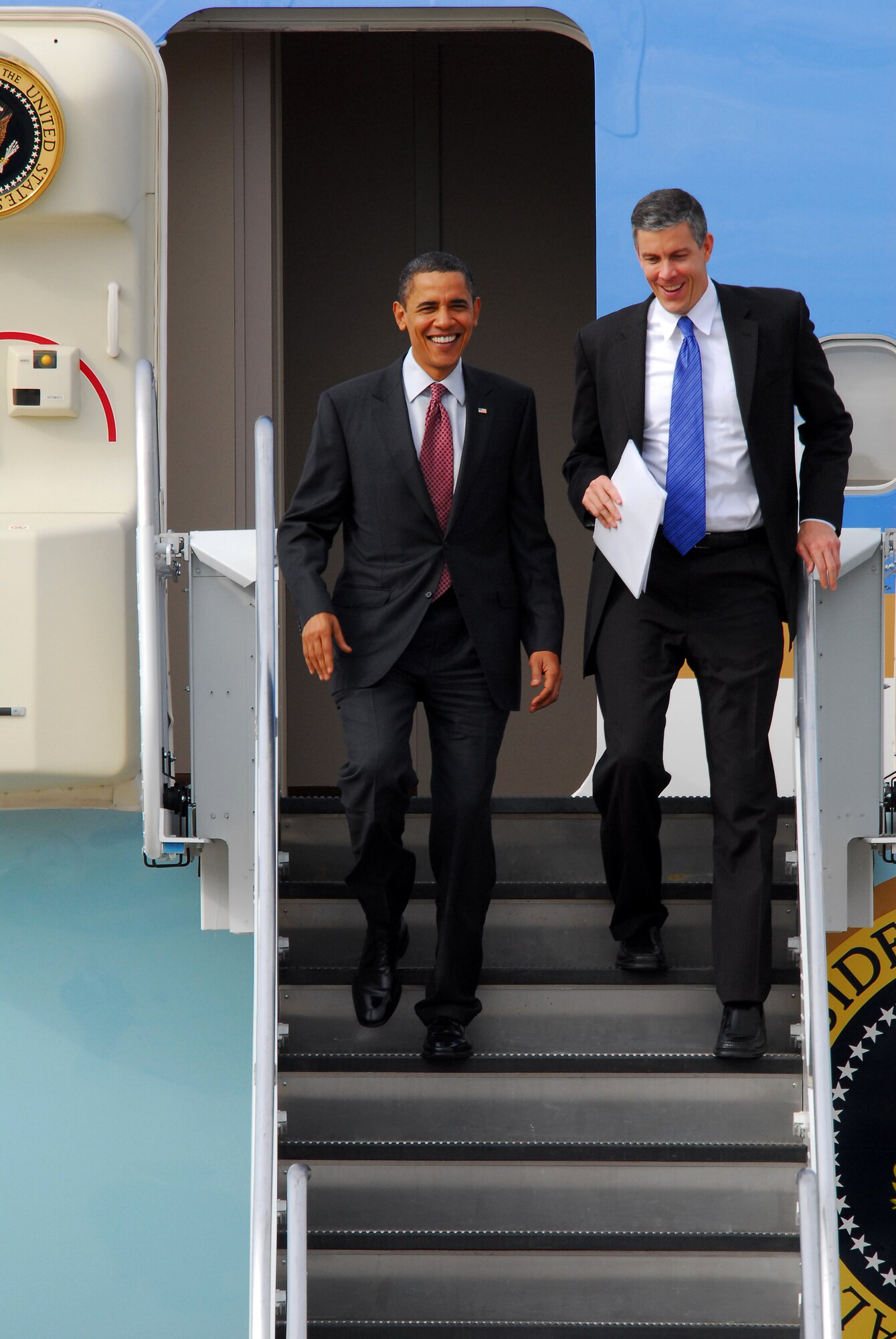 President Barack Obama landed with Air Force One at the 115th Fighter Wing in Madison Wis., on his way to give a speech at the James Wright middle school Nov. 4, 2009.  President Obama's visit marks the first time that a sitting president has visited the base. (U.S. Air Force Photo by Master Sgt. Dan Richardson)