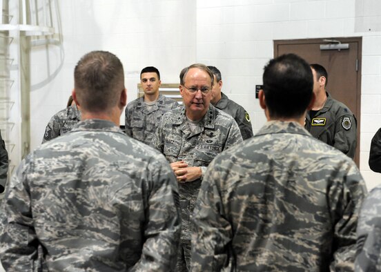 MINOT AIR FORCE BASE, N.D. -- Lt. Gen. Frank G. Klotz, Global Strike Command commander, addresses the troops before he begins his tour of a B-52H Stratofortress here, Oct. 28. The general is here to meet members of Minot AFB and the local community. He is scheduled to be the featured speaker at the Minot Chamber of Commerce annual meeting and luncheon in Minot Oct. 29. (U.S. Air Force photo by Staff Sgt. Keith Ballard)