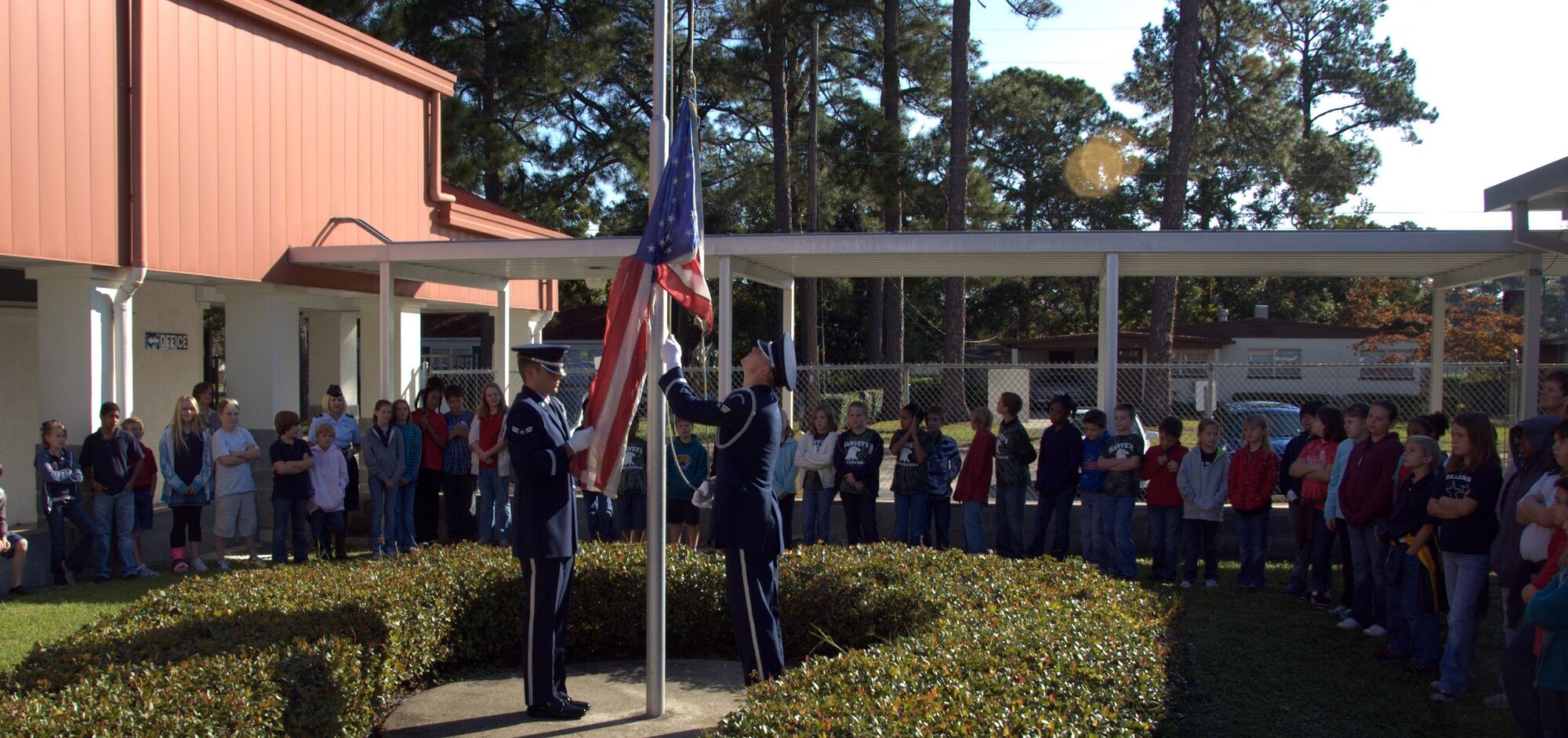 Tyndall Air Force Base Honor Guard showcase proper American Flag etiquette
to more than 60 Lynn Haven Elementary students Nov. 2. The Honor Guard
educated the children on proper handling of the U.S. flag.  (U.S. Air Force
photo by: Lt. Col. Malcolm Kemeny)

