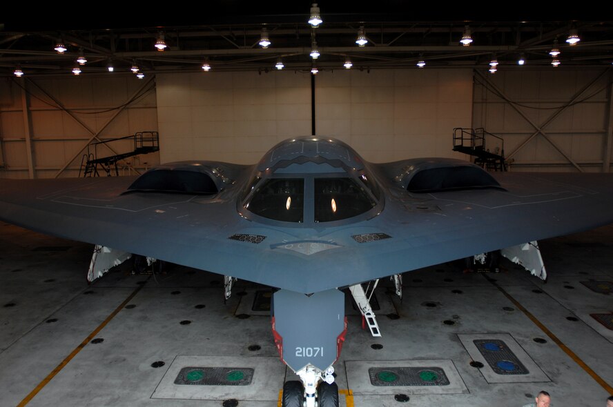 WHITEMAN AIR FORCE BASE, Mo. - A B-2 spirit sits in a hanger in preparation for maintenance, Oct 30. Twenty B-2 Spirit aircrafts are assigned to the 509th Bomb Wing. The B-2's primary mission is to attack time-critical targets early in a conflict to minimize an enemy's war-making potential. (U.S. Air Force photo/Senior Airman Kenny Holston)(Released)