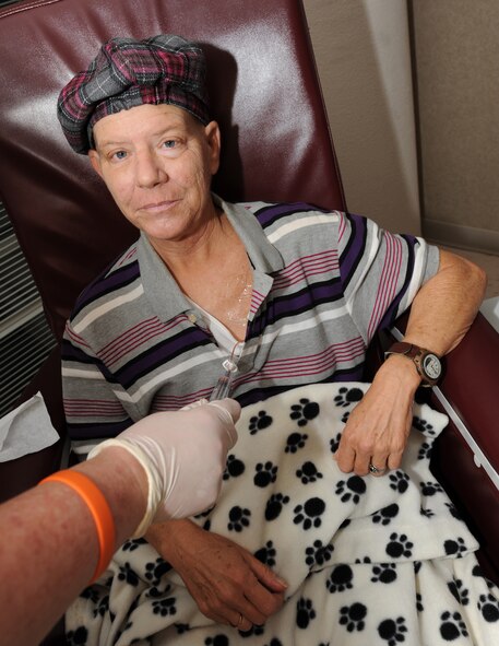 Barksdale AFB, La. - Mary Eveld, 26th OWS, receives her third treatment of chemotherapy. She was diagnosed with breast cancer in June and received surgery in July. (U.S. Air Force photo by Senior Airman Alexandra Longfellow) (RELEASED)