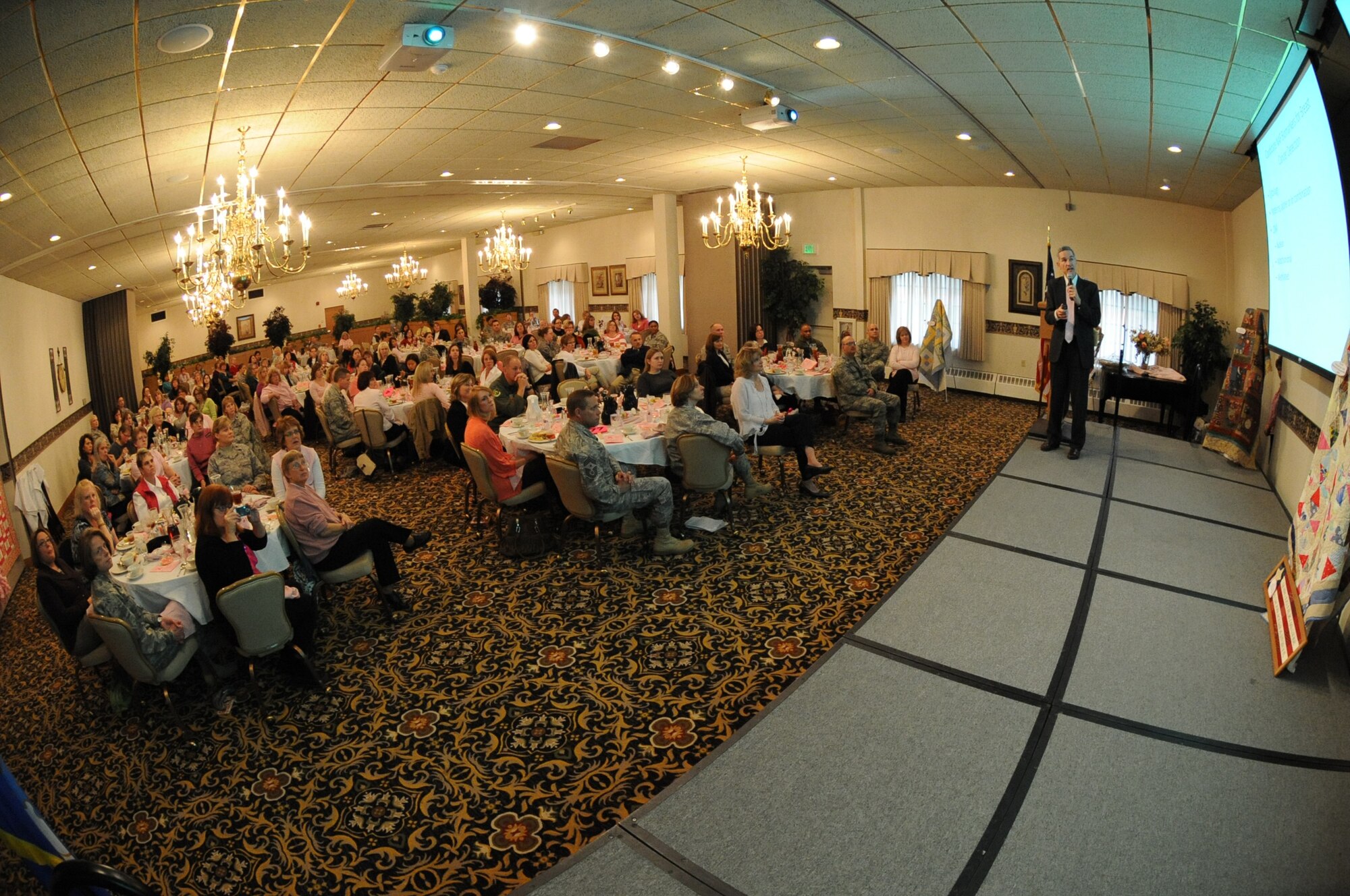 MINOT AIR FORCE BASE, N.D. --  Guest speaker Dr. Edward Sauter, Associate Dean of research at the University of North Dakota school of medicine, gives a presentation during the 4th annual Breast Cancer Awareness luncheon here Oct. 29. The lucncheon was attended by 125 people and raised more than $3,500. (U.S. Air Force photo by Senior Airman Sharida Jackson).