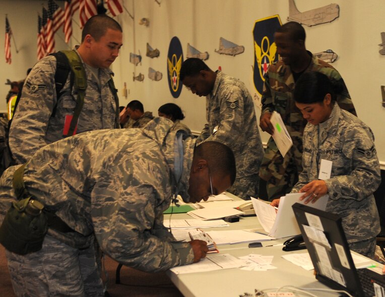 Barksdale AFB, La. - During Exercise Global Cajun, more than 680 Airmen processed pre-deployment lines to simulate a mass deployment of personnel from Barksdale.  This was the sixth conventional operational readiness exercise this year and the first of three before the conventional operational readiness inspection in December.  The second CORE kicks off today and the final one begins Nov. 18.   (U.S. Air Force photo by Senior Airman Alexandra Longfellow)(RELEASED)