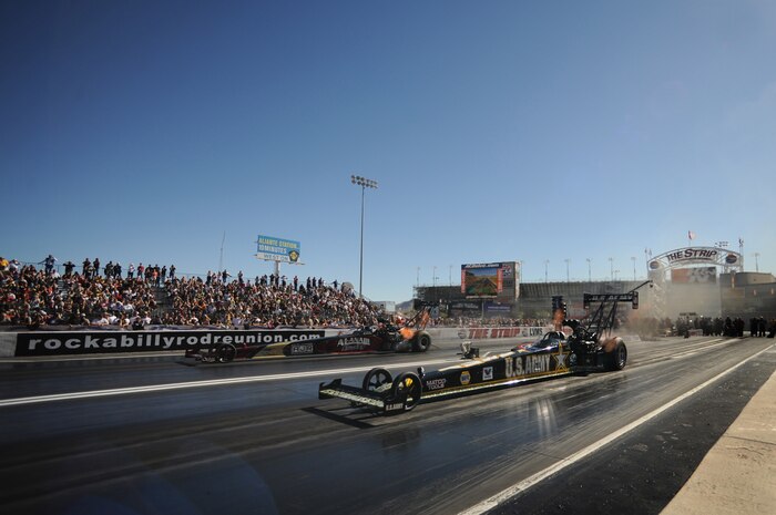 LAS VEGAS, Nev. -- Tony Schumacher in the U.S. Army Top Fuel Dragster races down the quarter mile track at the National Hot Rod Association Las Vegas Nationals at the Las Vegas Motor Speedway Oct. 31. Schumacher currently has the 2009 NHRA Full Throttle Drag Racing Series points lead going into the final race of the season Nov. 15, in Pomona, Calif.(U.S. Air Force photo by Tech. Sgt. Michael R. Holzworth)(released)