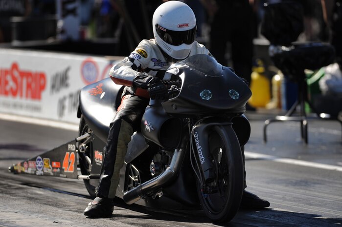 LAS VEGAS -- A Pro Stock Motorcycle rider waits for the green light at the starting line during the National Hot Rod Association Las Vegas Nationals, at the Las Vegas Motor Speedway Oct. 31, 2009. Pro Stock Motorcycles can reach speeds greater than 195 mph.
 (U.S. Air Force photo by Tech. Sgt. Michael R. Holzworth)(released)