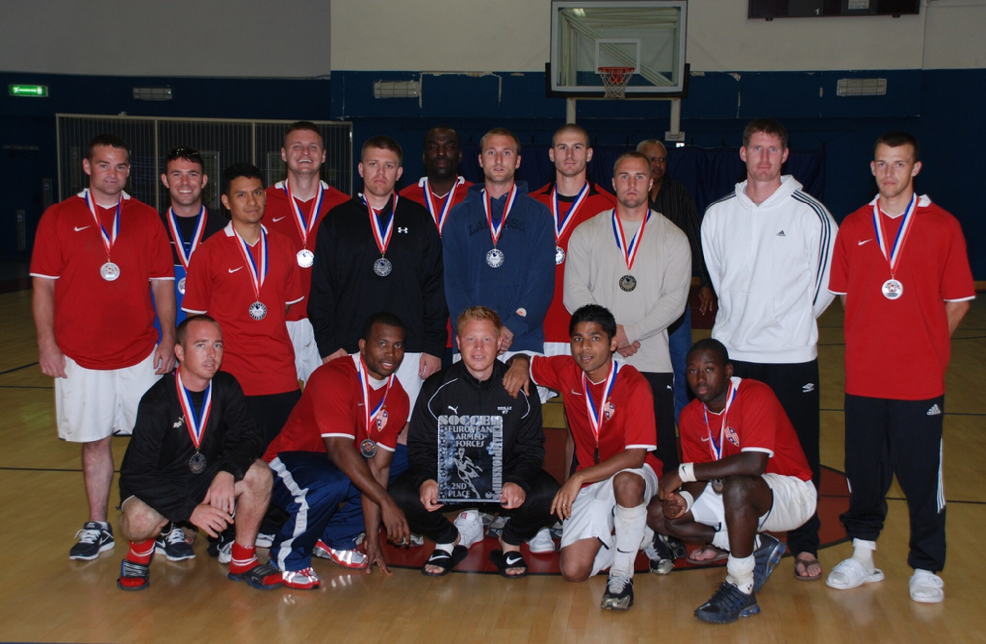The Aviano Air Base men's varsity soccer team took second place in the 2009 U.S. Forces Soccer Championships held at Camp Darby, Italy, Oct. 22-25.  The team scored 16 goals and gave up four during their six games and lost 4-3 in a penalty kick shoot-out after a 1-1 tie at the end of regulation to the team from Ramstein Air Base, Germany.  (U.S. Army photo)