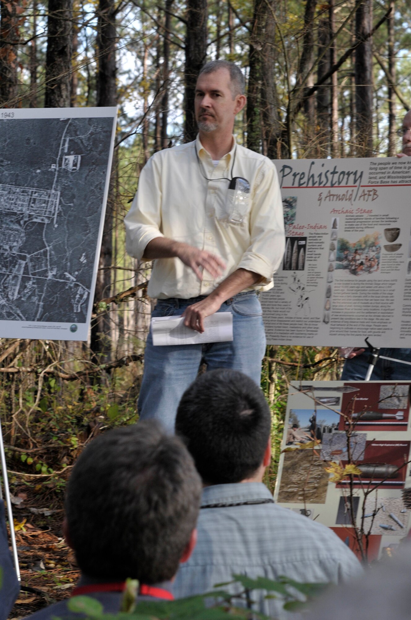 Shawn Chapman, Arnold Engineering Development Center archeologist, presents the pre-hsitory and pre-Camp Forrest history of the base to those who attended the walk. (Photo by Rick Goodfriend)