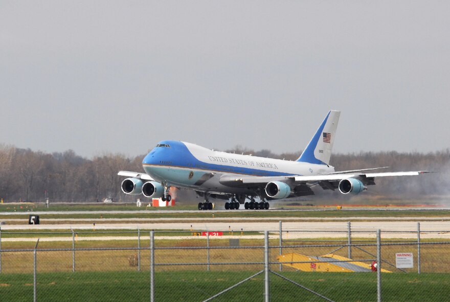 Air Force One as it is lands at the 115th Figther Wing in Madison Wis., Nov. 4, 2009.  President Barack Obama visited the Air National Guard base on his way to give a speech at Madison's James Wright middle school about education reform.  President Obama's visit marks the first time that a sitting president has visited the base. (U.S. Air Force Photo by Master Sgt. Dan Richardson)