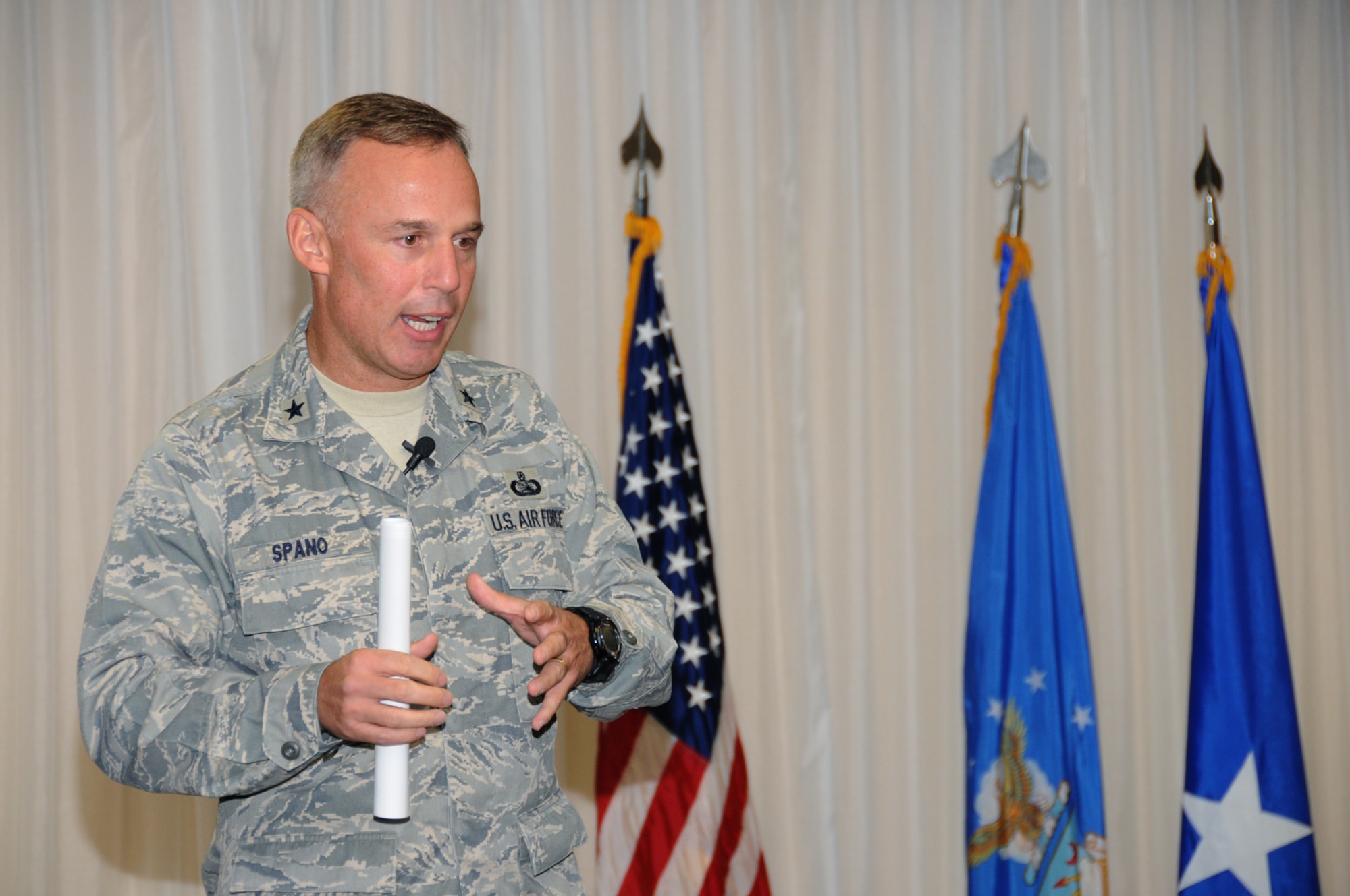 Brig. Gen. Steven Spano, director of communications at Air Combat Command headquarters at Langley Air Force Base, Va., was the guest speaker for the Armed Forces Communications and Electronics Association Gulf Coast chapter’s luncheon Oct. 27 held in conjunction with Scope Warrior activities.  (U.S. Air Force photo by Kemberly Groue)