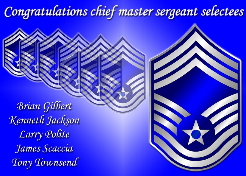 Five Seymour Johnson senior masters sergeants were selected for the top enlisted rank of chief master sergeant Nov. 5. (U.S. Air Force graphic/Staff Sgt. Heather Stanton)
