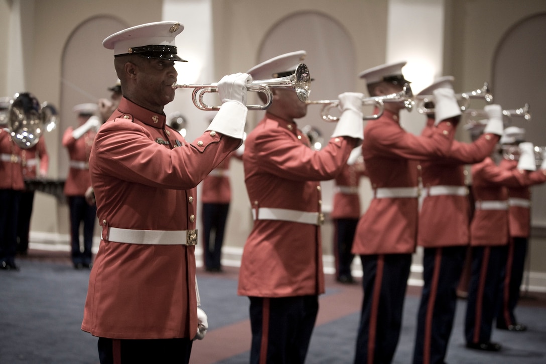 The U.S. Marine Drum and Bugle Corps performs during the celebration ceremony for the unit's 75th anniversary, Nov. 13, at Marine Barracks Washington.