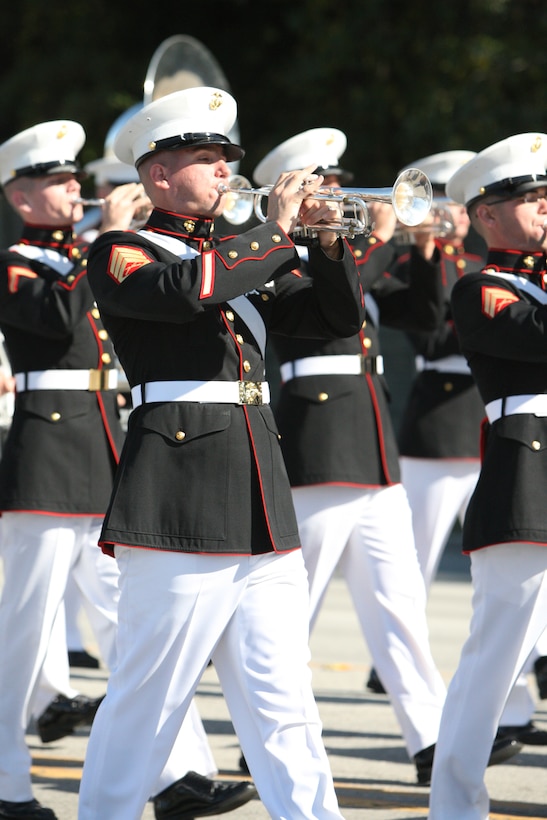 Marines from the 2nd Marine Division Marine Corp Band played the Marine's Hymn as they marched in the Veterans Day Parade in Jacksonville, N.C. Nov. 7.