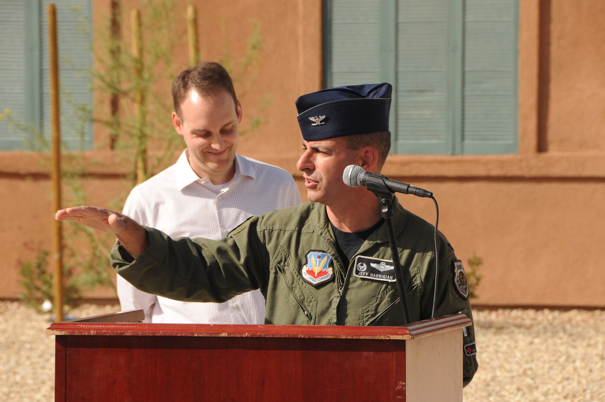 HOLLOMAN AIR FORCE BASE, N.M. -- Col. Jeff Harrigian, 49th Fighter Wing commander, speaks during a ribbon cutting ceremony for a new community center in base housing here, Nov. 5. The state-of-the-art community center, located in base housing, will be open to the community Nov. 16 and features a playground, a splash park fixture, basketball court and multi-use field area for Team Holloman to enjoy. (U.S. Air Force photo by Tech. Sgt. Chris Flahive)