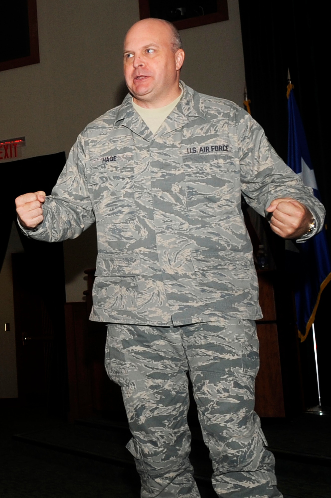 Master Sgt. Rodney Hage, Air Force Reserve Command's Human Resource Development Council Manager, speaks at a convention held at MacDill AFB, Fla., Nov. 4.  Sergeant Hage is very passionate about helping airmen reach the stars by expanding outreach efforts and partnering with other organizations.  (U.S. Air Force photo/Senior Airman Nancy Hooks)