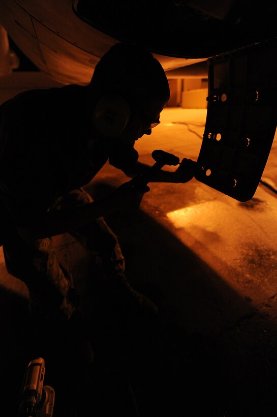 ELLSWORTH AIR FORCE BASE, S.D. -- Airman 1st Class Conrad Borgerding, 28th Maintenance Squadron structures apprentice, repairs a B-1B Lancer hydraulic line panel, Nov. 4. Maintenance is performed routinely on the B-1 to ensure mission readiness. (U.S. Air Force photo/Airman 1st Class Joshua J. Seybert)