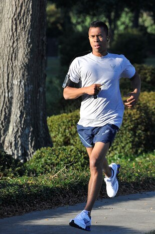 Senior Airman Terrell Pretlow finishes first for the men in the Commander's 5K Run/Walk Challenge held here Nov. 6 with a time of 18:45. A fitness challenge is conducted the first Friday of each month at Charleston AFB, promoting a base-wide fitness culture. Airman Pretlow is a utilities technician with the 437th Civil Engineer Squadron. (U.S. Air Force photo/James Bowman)