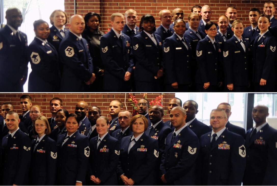 More than 40 graduates pose for a photo after the annual Community College of the Air Force graduation ceremony Oct. 27 in the Community Activities Center on Joint Base Andrews. More than 300 Airmen received their associate’s degrees in their career fields. Distinguished visitors, co-workers and family members gathered to celebrate the achievements of the 2009 CCAF graduates. Log on to www.andrews.af.mil to see a complete list of graduates. (U.S. Air Force photo/ Staff Sgt. Steven Doty)