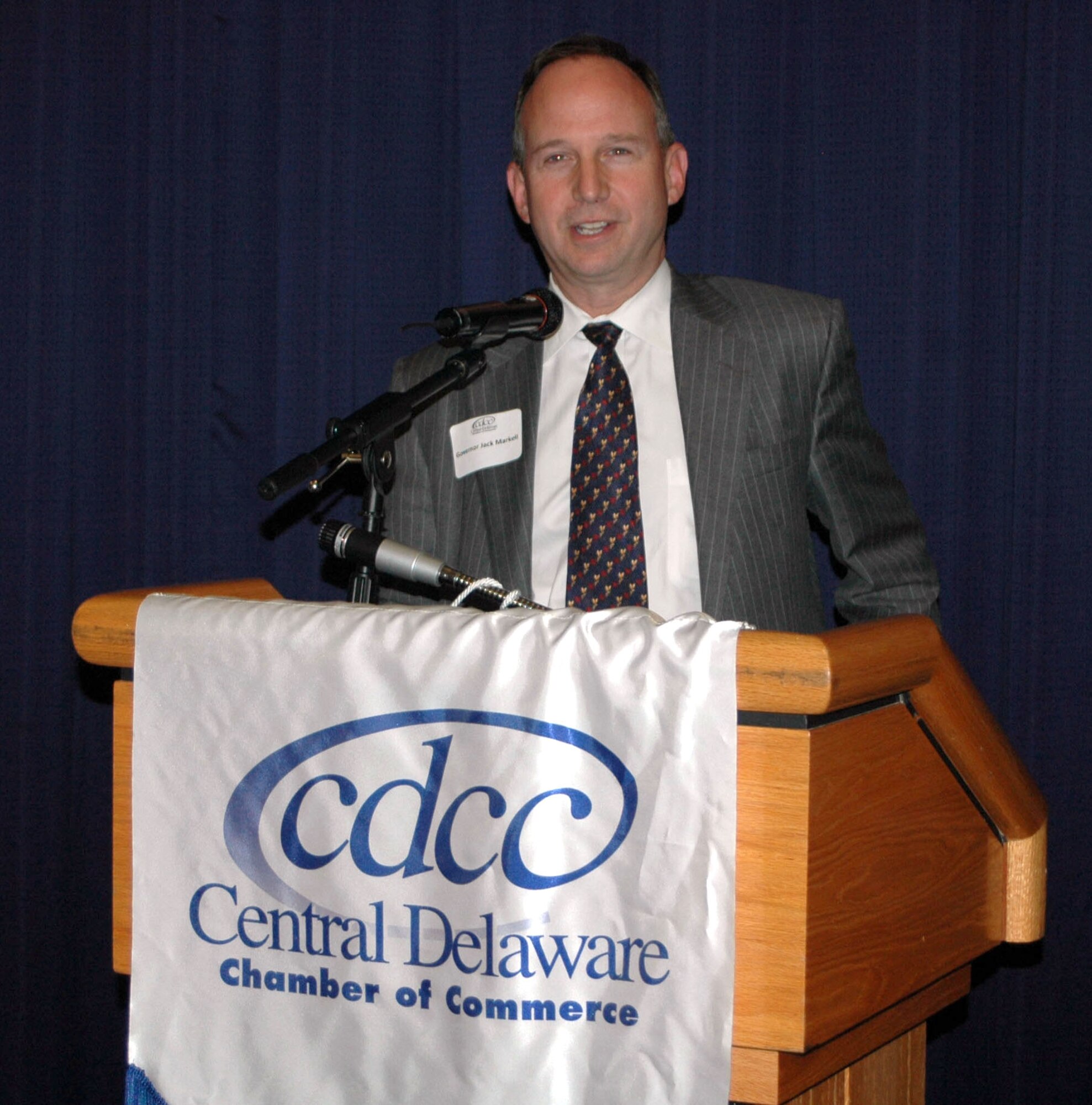 Delaware Governor Jack Markell addresses base and community leaders at the Military Affaire at The Landings here Nov. 4. This annual event is hosted by the Central Delaware Chamber of Commerce and the Air Force Association's Galaxy Chapter. (U.S. Air Force photo/Capt. Marnee A.C. Losurdo)
