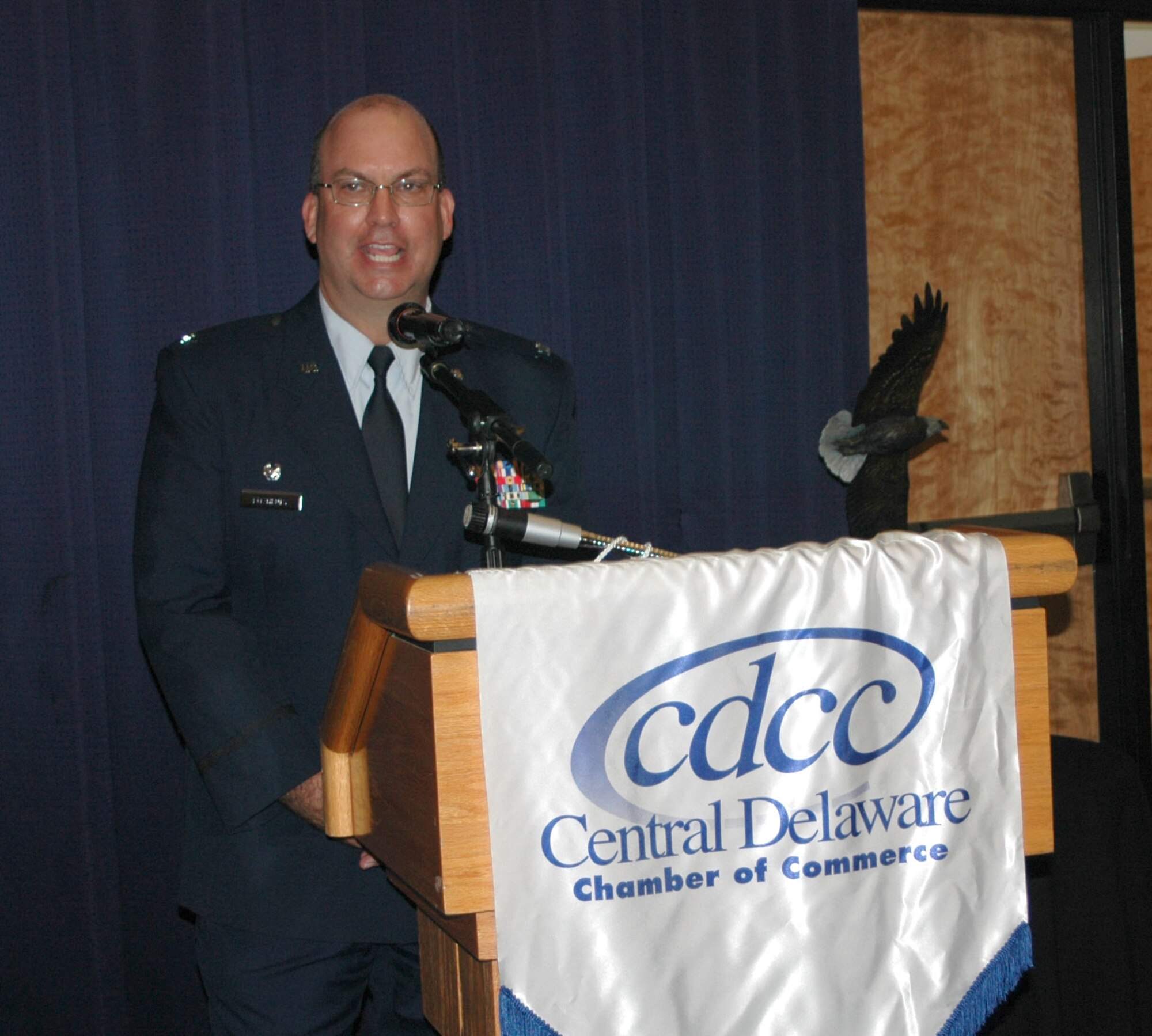 Col. Michael T. Fitzhenry, 512th Airlift Wing commander, addresses base and community leaders at the Military Affaire at The Landings here Nov. 4. This annual event is hosted by the Central Delaware Chamber of Commerce and the Air Force Association's Galaxy Chapter. (U.S. Air Force photo/Capt. Marnee A.C. Losurdo)
