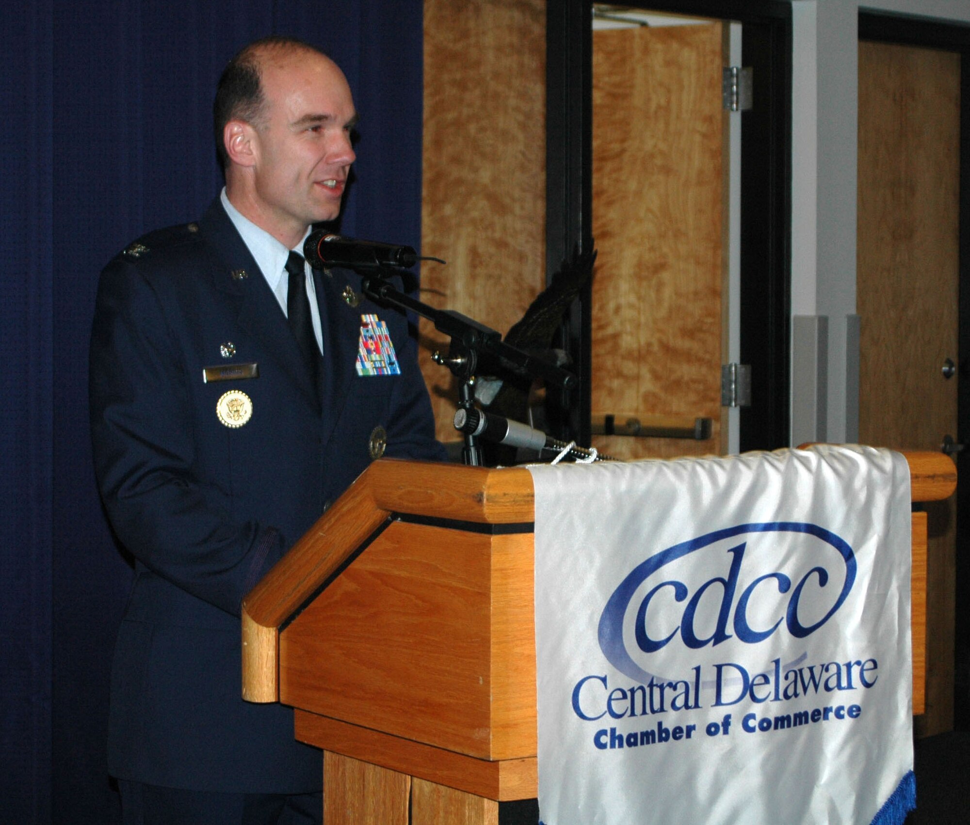 436th Airlift Wing Commander Col. Manson O. Morris addresses base and community leaders at the Military Affaire at The Landings here Nov. 4. This annual event is hosted by the Central Delaware Chamber of Commerce and the Air Force Association's Galaxy Chapter. (U.S. Air Force photo/Capt. Marnee A.C. Losurdo)
