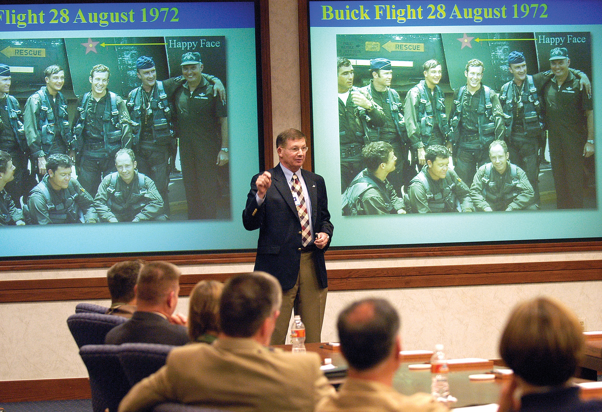 Retired Col. Charles B. DeBellevue — the highest scoring American ace in Vietnam and the last Air Force ace on active duty — speaks at a Senior Leader Forum in 2008 at the Oklahoma City Air Logistics Center.(Air Force photo by Margo Wright)