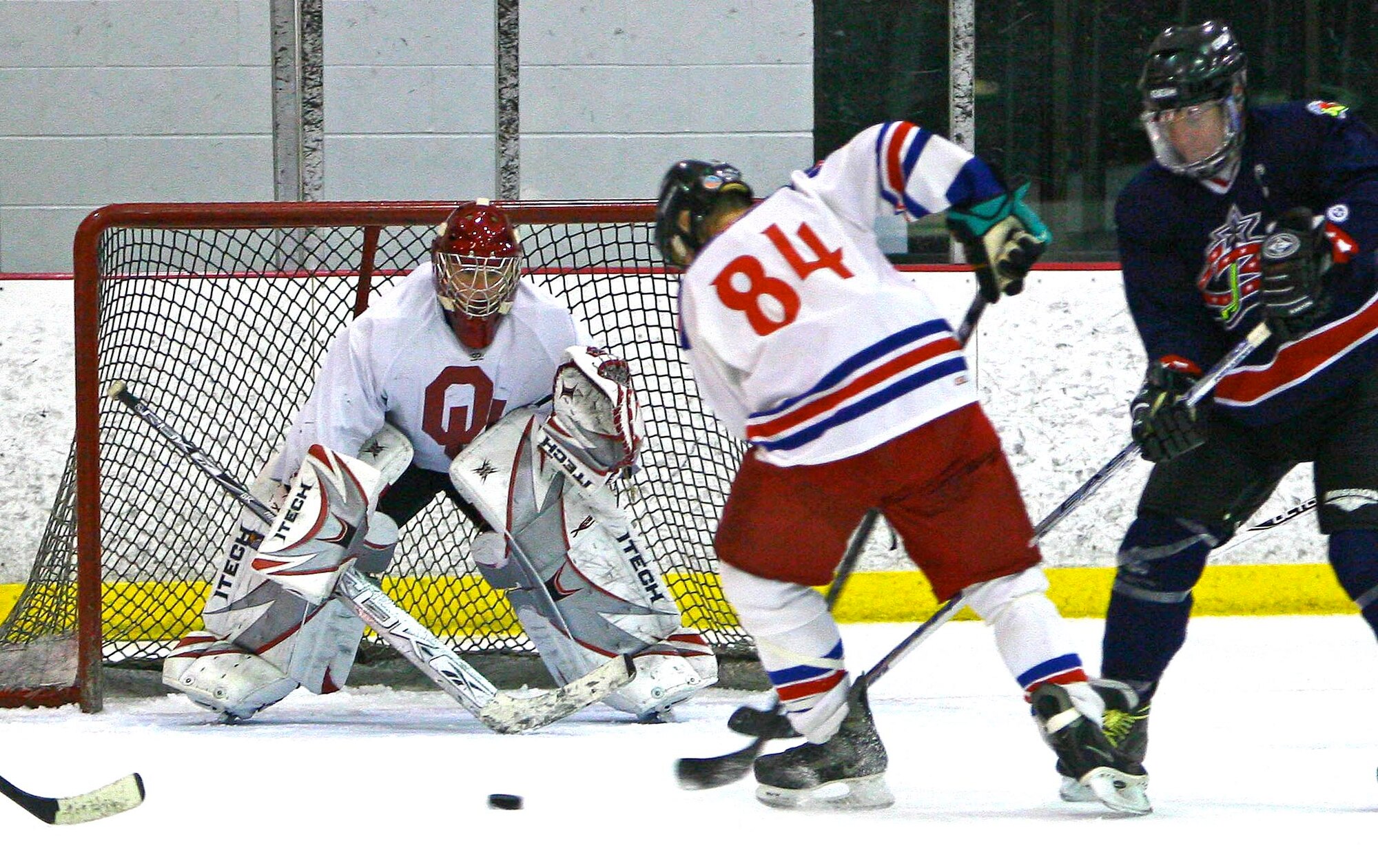 Tinker Nordiques forward Will Natycznyk pushes toward the Fighting Beavers goalie Nov. 1 during the opening match of the season. The Division Two Nordiques, who won the summer league championship, bested the Beavers 9-0.(Air Force photo by John Stuart) 
