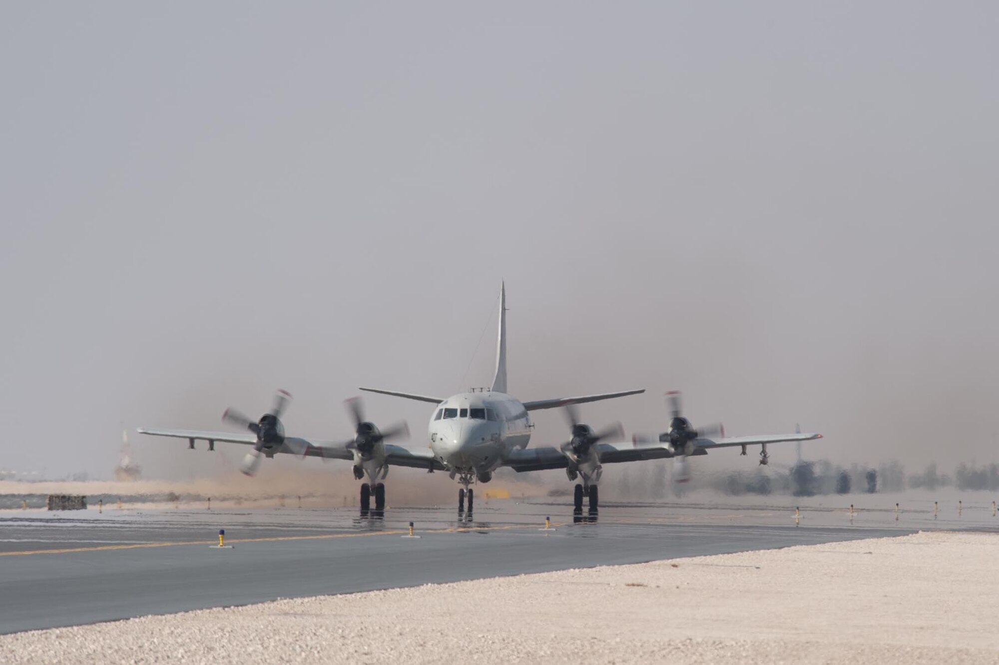 A U.S. Navy P-3 Orion from Patrol Squadron 10 taxis in after a successful mission in Southwest Asia, Nov. 4, 2009. The VP-10 P-3s, deployed from Jacksonville Naval Station, Fla., are four-engine turboprop anti-submarine and maritime surveillance aircraft capable of carrying CATM-65s in support of operations Iraqi and Enduring Freedom. (U.S. Air Force photo/Staff Sgt. Robert Barney) 