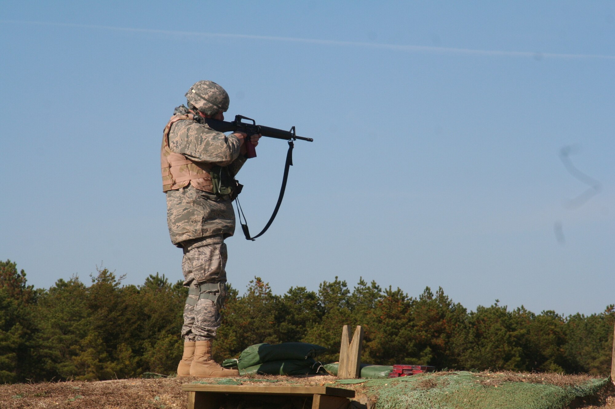 A student participates in the Advanced Marksmanship Class in the Combat Airman Skills Training Course at Joint Base McGuire-Dix-Lakehurst, N.J., on Nov. 7, 2009.  The course, taught by the U.S. Air Force Expeditionary Center's 421st Combat Training Squadron, prepares Airmen for upcoming deployments. (U.S. Air Force Photo/Tech. Sgt. Scott T. Sturkol)