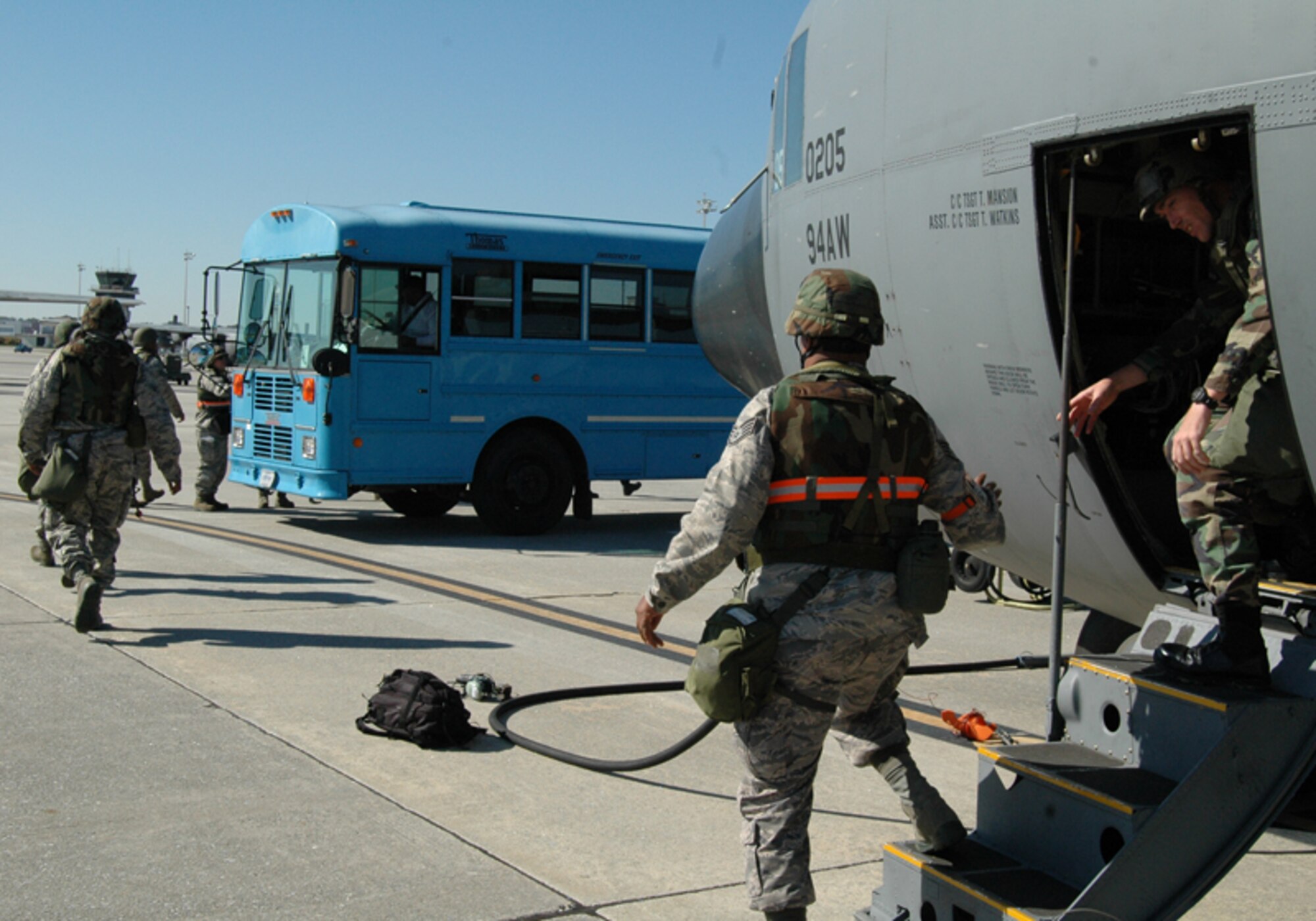Members of the 94th Civil Engineering Squadron return from a simulated deployment during an Operational Readiness Exercise at Dobbins Air Reserve Base Nov. 7 in preparation for an Operational Readiness Inspection scheduled for Dec. The exercise simulated a short-notice deployment and demonstrated the importance of traditional reservists being fully qualified to deploy anywhere in the world at any given time. (U.S. Air Force photo/Tech. Sgt. James Branch)