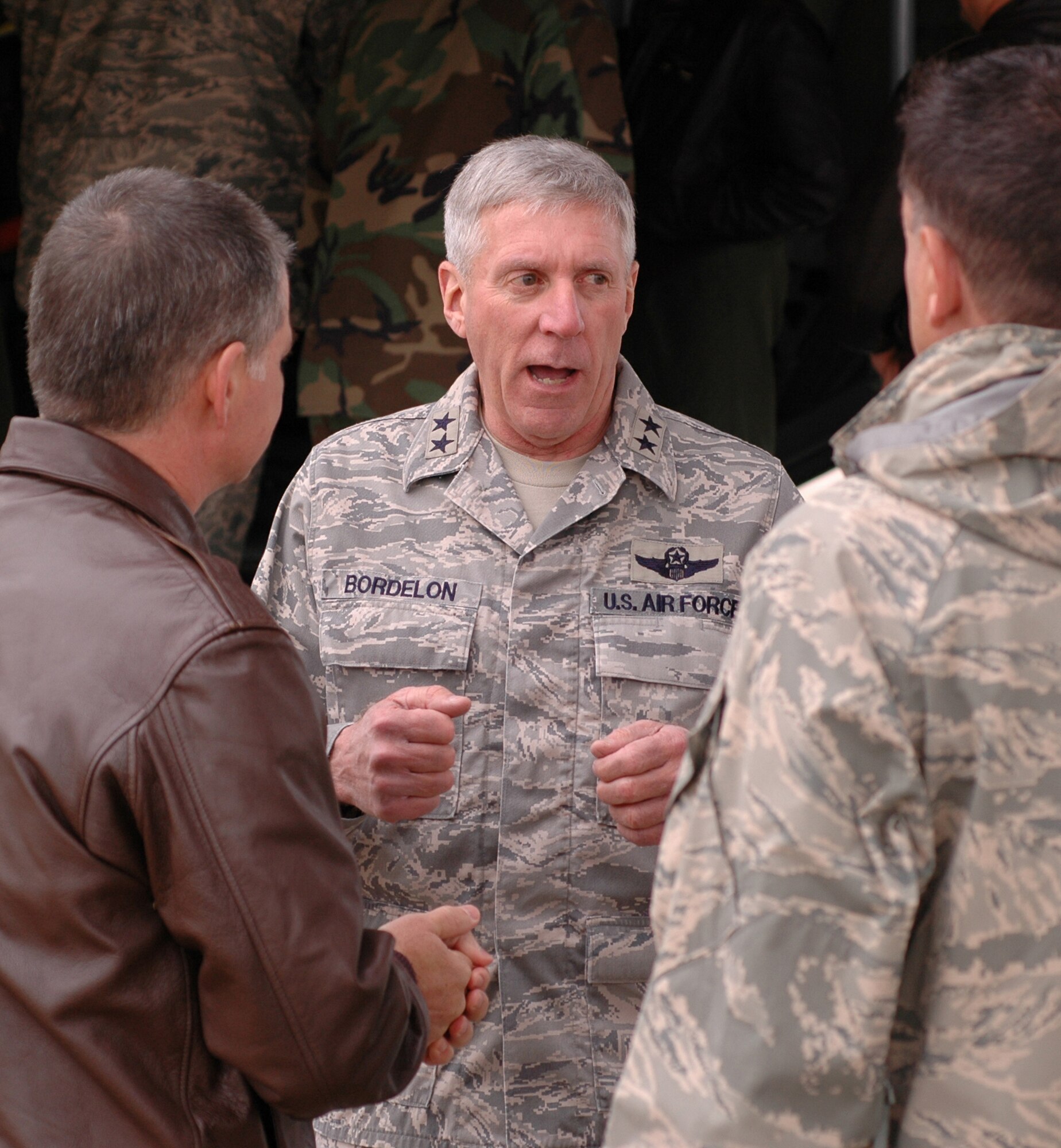 Air Force Maj. Gen. John Bordelon, U.S. Northern Command chief of staff, discusses aeromedical evacuation concepts Oct. 13 with Col. Jay Pittman (left), 302nd Airlift Wing commander, and Lt. Col. Jonathan Micke, senior Air Reserve Technician for the 34th Aeromedical Evacuation Squadron at Peterson Air Force Base, Colo. Members of the 34th AES where asked to present senior leaders at U.S. Northern Command with details on the unique requirements of providing military evacuation support to civilian authorities. (U.S. Air Force photo/Staff Sgt. Stephen J. Collier)