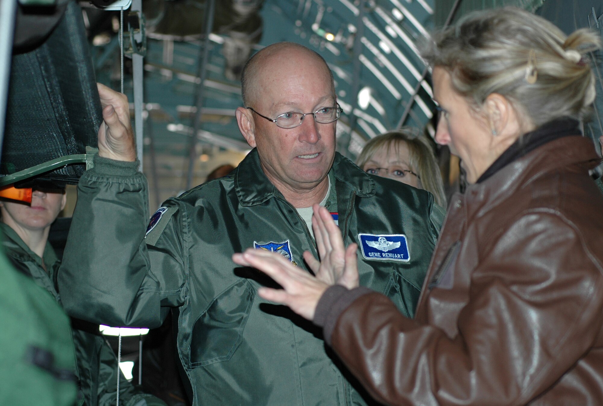 Air Force Gen. Gene Renuart, commander of U.S. Northern Command, learns the "ins and outs" of aeromedical evacuation Oct. 13 from Lt. Col. Kathleen Flarity at Peterson Air Force Base, Colo. Together with members of her unit, Colonel Flarity, commander of the 34th Aeromedical Evacuation Squadron of the Air Force Reserve's Peterson based 302nd Airlift Wing, presented senior leaders from U.S. Northern Command with details on the unique requirements of providing military evacuation support to civilian authorities. (U.S. Air Force photo/Staff Sgt. Stephen J. Collier)