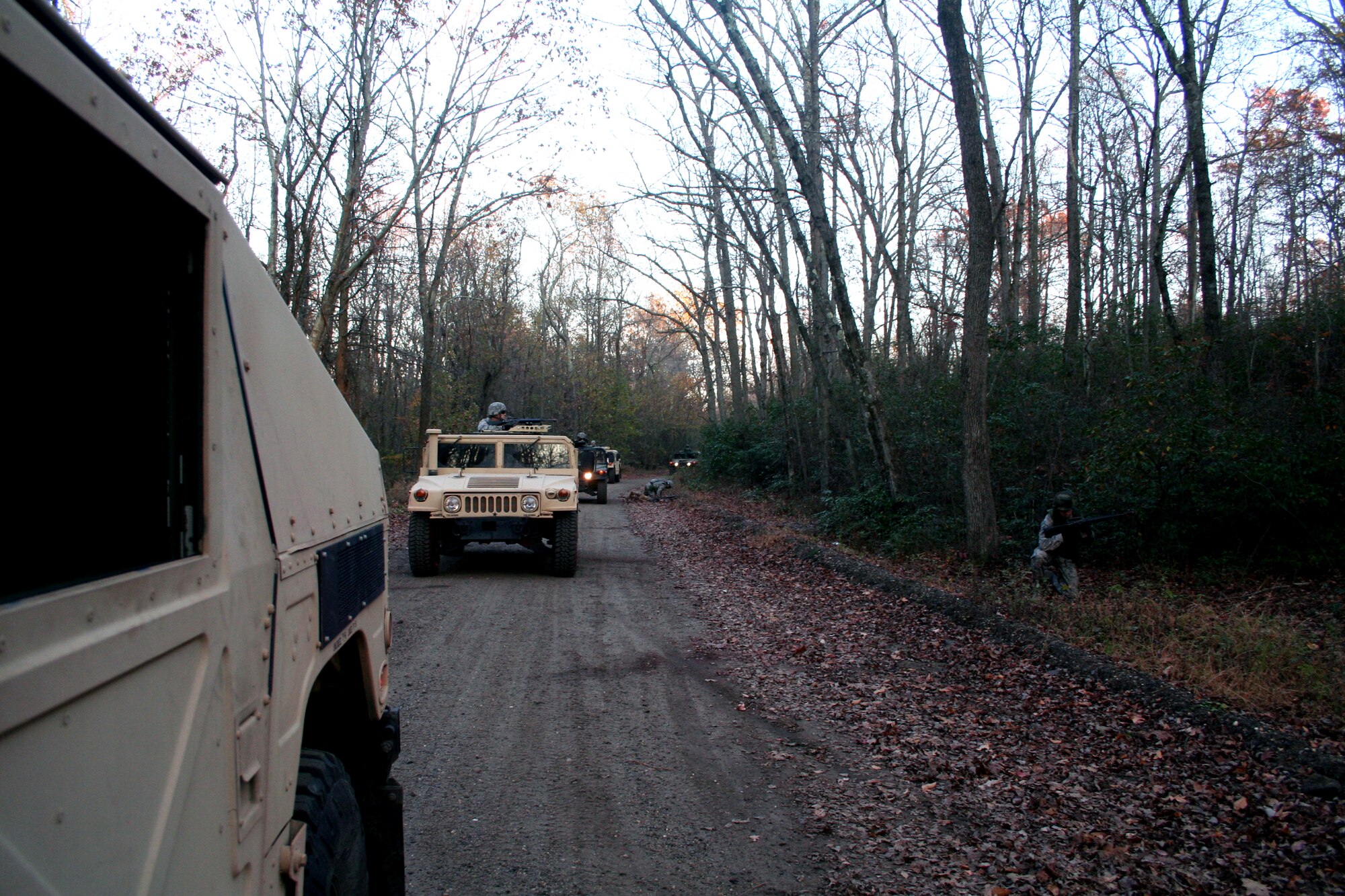 Students in the Combat Airman Skills Training Course participate in a scenario in mounted patrol tactics on a range on Joint Base McGuire-Dix-Lakehurst, N.J., on Nov. 8, 2009.  The course, taught by the U.S. Air Force Expeditionary Center's 421st Combat Training Squadron, prepares Airmen for upcoming deployments.  (U.S. Air Force Photo/Tech. Sgt. Scott T. Sturkol)