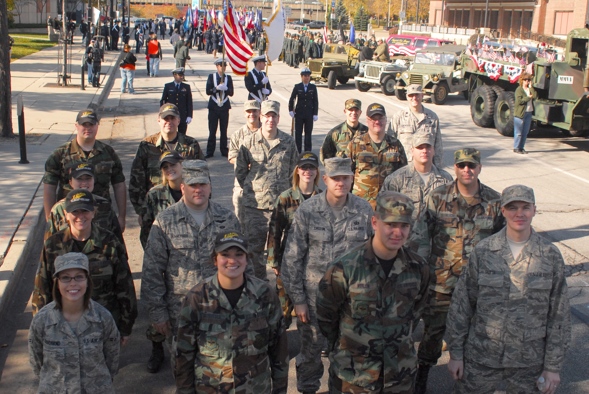 Members of the 128 Air Refueling Wing Headquarters Element, Milwaukee, WI take part in the Veterans Day Parade in downtown Milwaukee, November 7, 2009.  As a show of support for the holiday, military members of the 128th ARW volunteer to walk in the parade and spend time with the community. (Air Force) photo by SSgt Jeremy Wilson/Released
