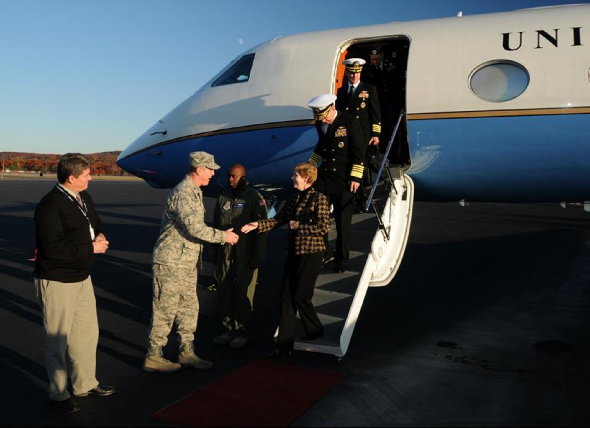Col Robert T. Brooks Jr., 104th Fighter Wing Commander and Mr. Brian Barnes, Barnes Airport Manager, graciously welcomed Admiral Michael Mullen, Chairman of the Joint Chiefs of Staff and his wife Deborah as they debarked their aircraft at Barnes Airport on 29 October.  
