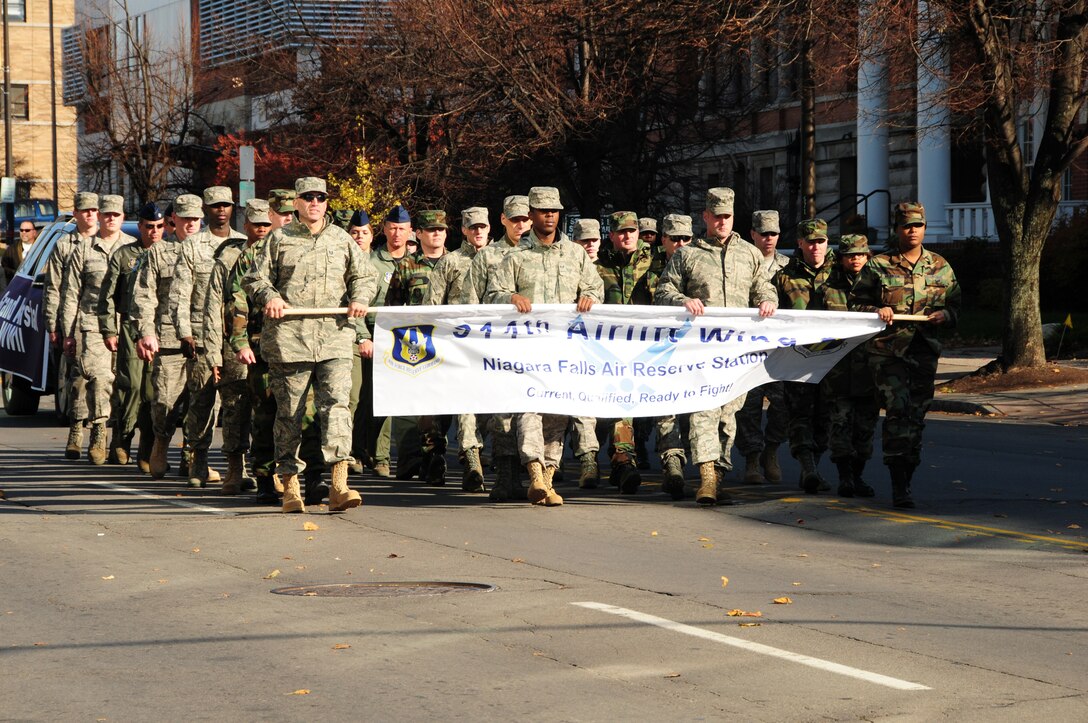 NIAGARA FALLS AIR RESERVE STATION, N.Y. - Approximately 50 members of the 914th Airlift Wing march in the inaugural Veterans Day parade in downtown Buffalo, N.Y. November 7, 2009.  (U.S. Air Force photo by Senior Airman Stephanie Clark)