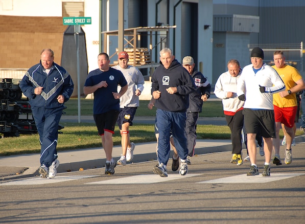 Members of the Utah Air National Guard run to earn money for the Fischer House foundation on November 8.  The chiefs on base sponsored the run and others participated to support the donations given to the charity fundraiser.  U.S. Air Force Photo by: Staff Sgt. Emily Monson (RELEASED)