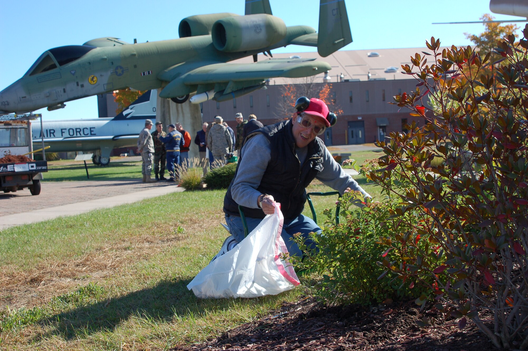 Retired Chief Master Sgt. Fred Press helps to maintain the grounds at the Bradley Air National Guard Base Air Park, East Granby, Conn. Oct. 14, 2009.  Press is part of an Old-Timers volunteer group that is helping to maintain the park grounds.  (U.S. Air Force Photo by Capt. Jefferson S. Heiland)