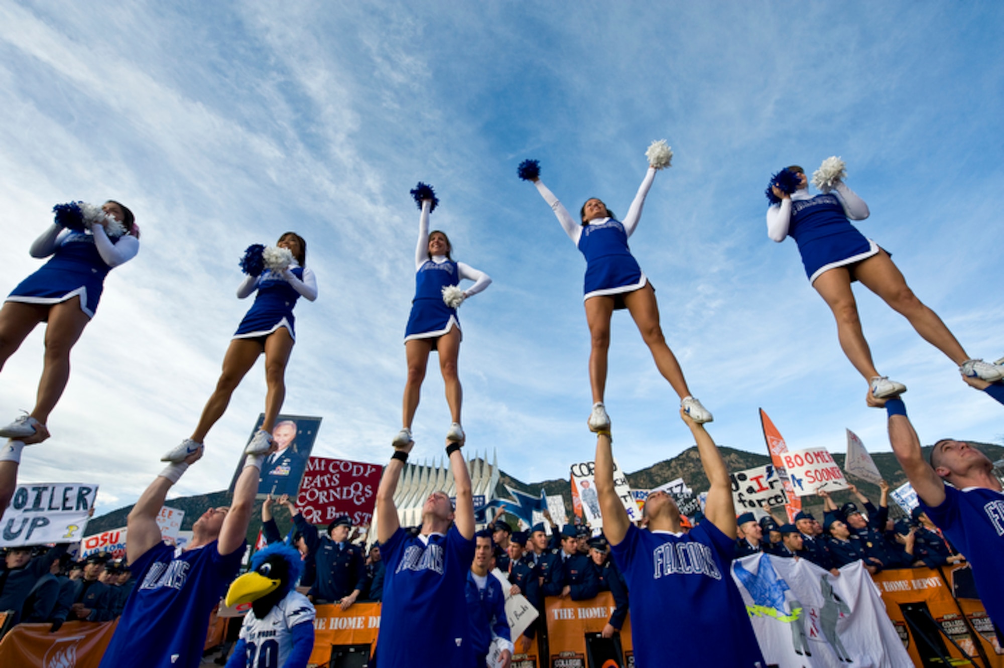U.S. Air Force Academy cheerleaders perform at the Terrazzo during ESPN's "College GameDay" broadcast from the Academy for the Air Force vs. Army football game Nov. 7, 2009, in Colorado Springs, Colo. (U.S. Air Force photo/Staff Sgt. Bennie J. Davis III)
