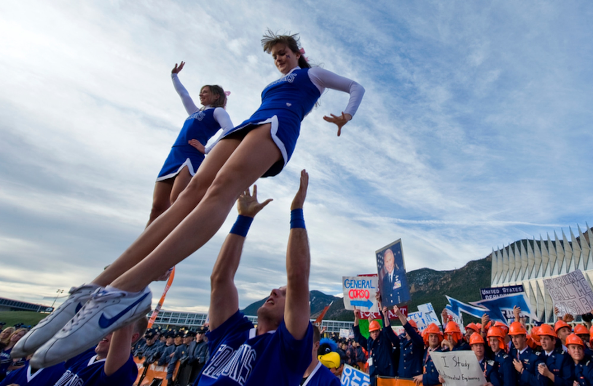 U.S. Air Force Academy cheerleaders perform at the Terrazzo during ESPN's "College GameDay" broadcast from the Academy for the Air Force vs. Army football game Nov. 7, 2009, in Colorado Springs, Colo. (U.S. Air Force photo/Staff Sgt. Bennie J. Davis III)