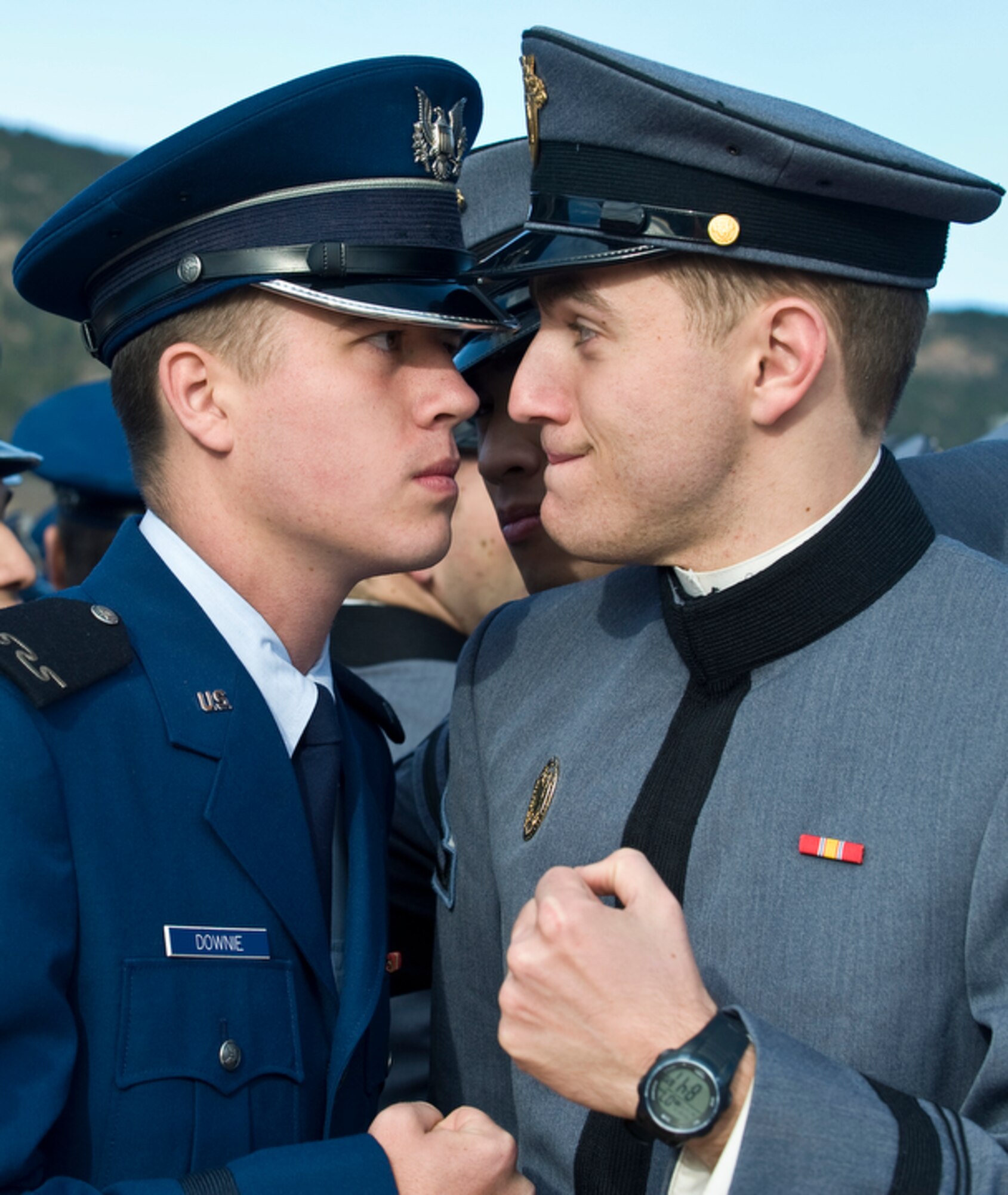 U.S. Air Force Academy Cadet Jeffrey Downie and U.S. Military Academy Cadet Chuck Nadd square off over who will win the Air Force vs. Army football game during ESPN's "College GameDay" broadcast from the U.S. Air Force Academy Nov. 7 in Colorado. "College GameDay's" latest Academy visit is part of ESPN's salute to veterans of the U.S. armed forces, which will include a week of programming -- "America's Heroes: A Salute to Our Veterans" -- culminating in special "SportsCenter" editions from West Point on Veterans Day, Nov. 11. This is "College GameDay's" third visit to the Academy. (U.S. Air Force photo/Staff Sgt. Bennie J. Davis III)