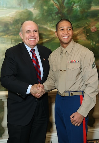 NEW YORK -- Marines from Special Purpose Marine Air Ground Task Force 26 pose with Rudy Giuliani, former New York City mayor and presidential candidate, during a Nov. 8 brunch at the Jumeriah Essex House in honor of the USS New York sailors and Special Purpose Marine Air Ground Task Force 26 Marines who embarked on the ship for her commissioning ceremony Nov. 11.